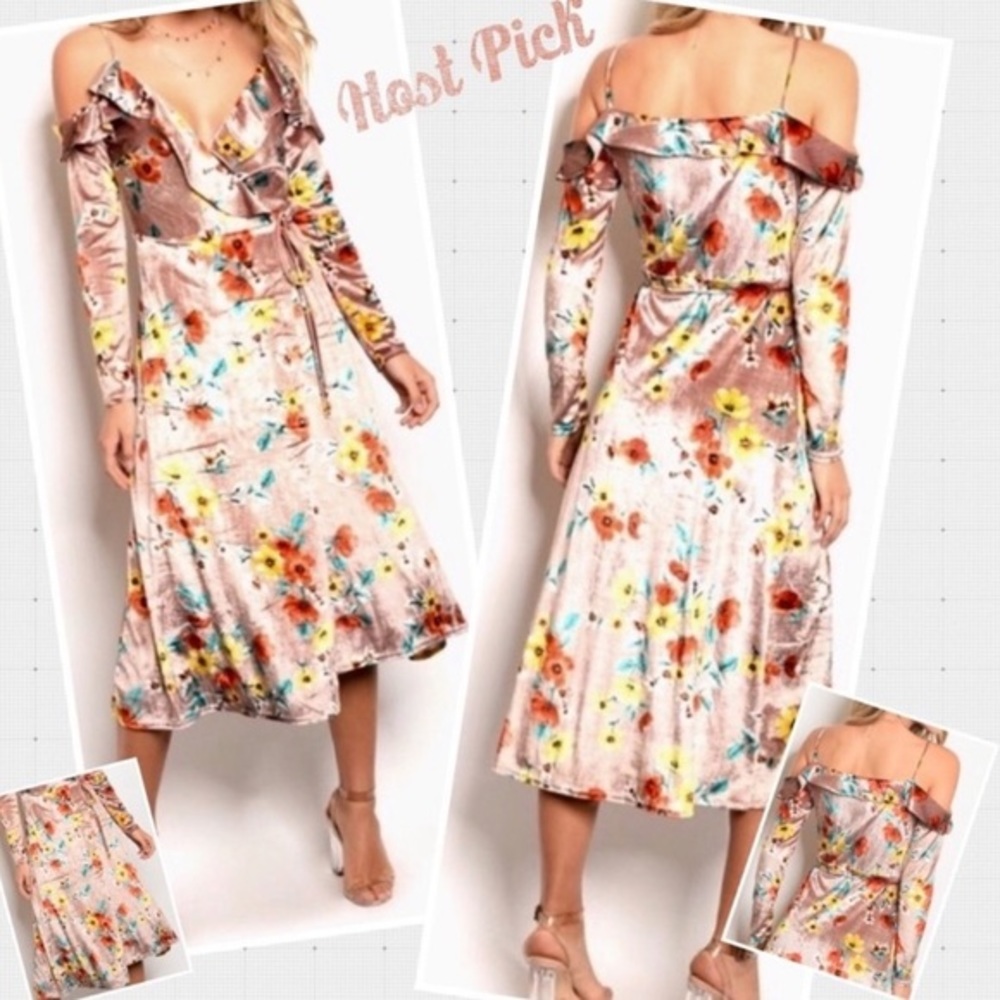 ✨HP✨NEW LUSCIOUS VELVET FLORAL COLD SHOULDER SLIP WRAP DRESS✨LONG SLEEVE‎ - Picture 3 of 10
